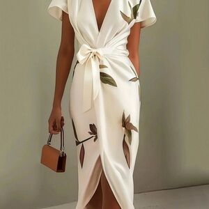 FEHAUTE White Floral Satin Wrap Midi Dress NWT - Size
US 12